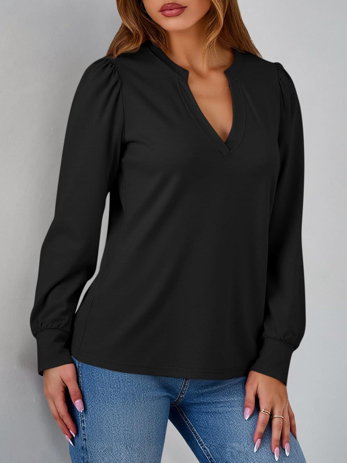 imageTankaneo Womens Puff Long Sleeve Tunic Tops Trendy Casual V Neck Fall Shirts Loose Fit Basic TeesBlack