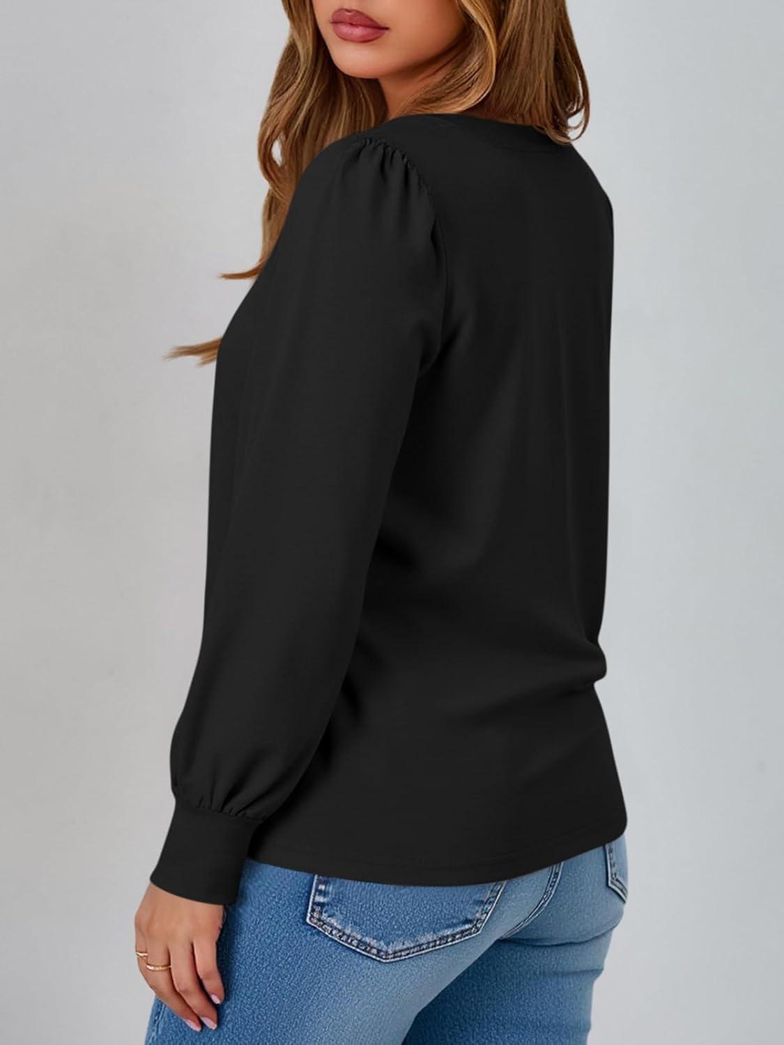 imageTankaneo Womens Puff Long Sleeve Tunic Tops Trendy Casual V Neck Fall Shirts Loose Fit Basic TeesBlack