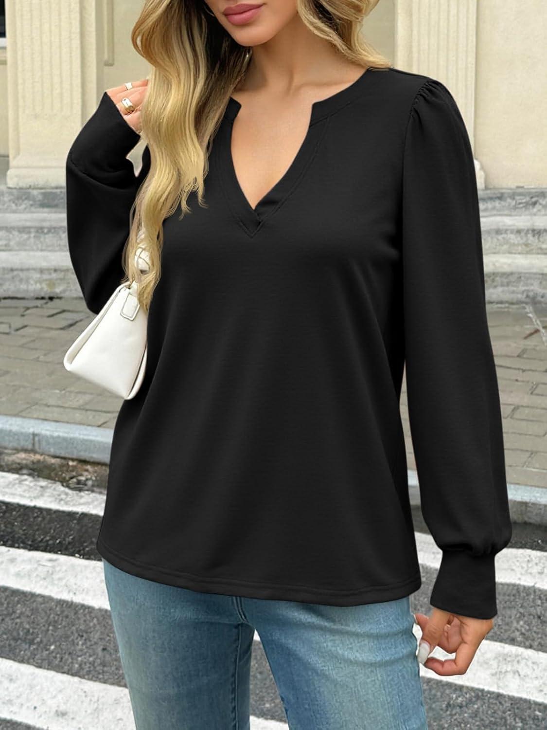 imageTankaneo Womens Puff Long Sleeve Tunic Tops Trendy Casual V Neck Fall Shirts Loose Fit Basic TeesBlack