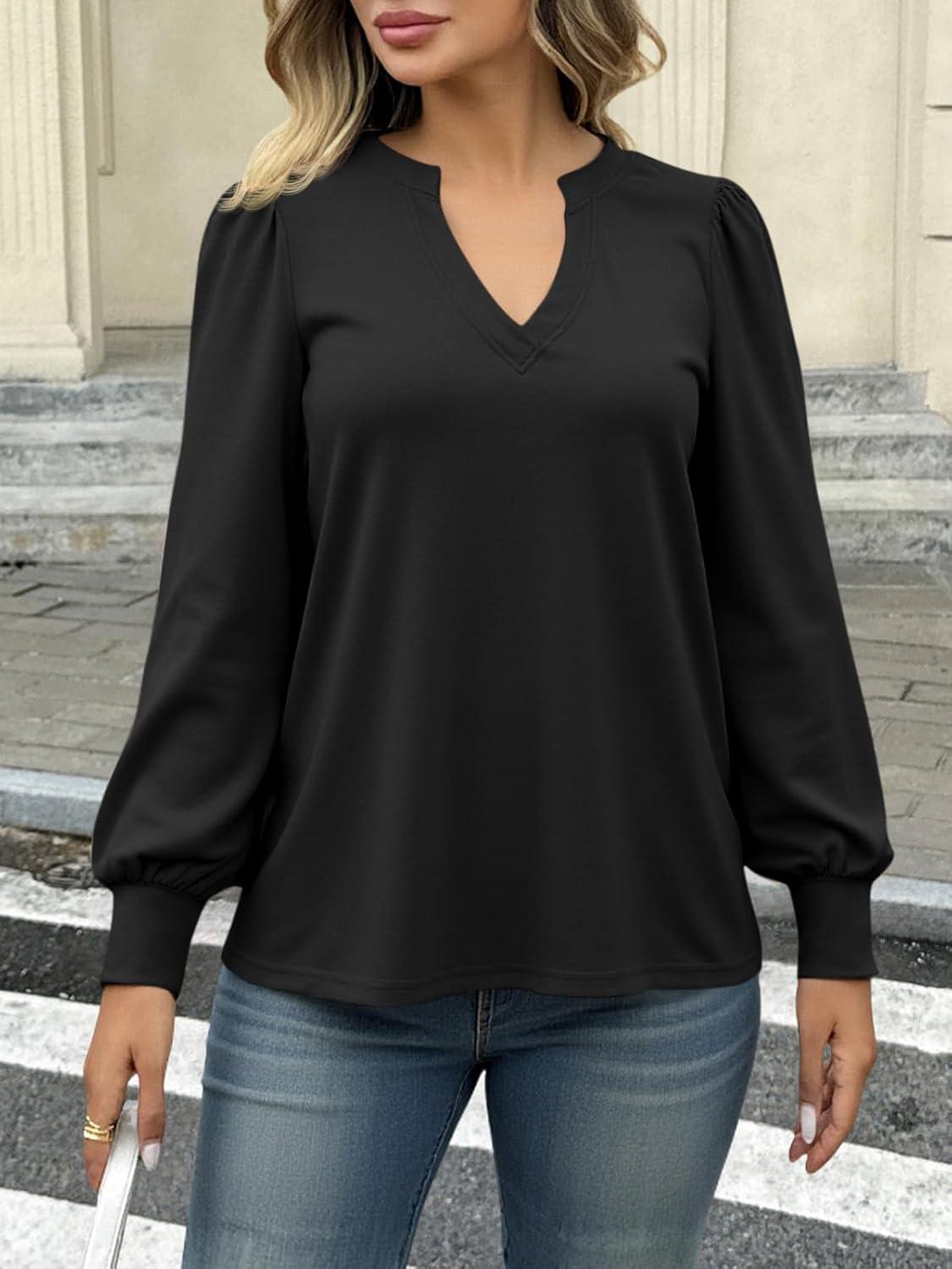 imageTankaneo Womens Puff Long Sleeve Tunic Tops Trendy Casual V Neck Fall Shirts Loose Fit Basic TeesBlack