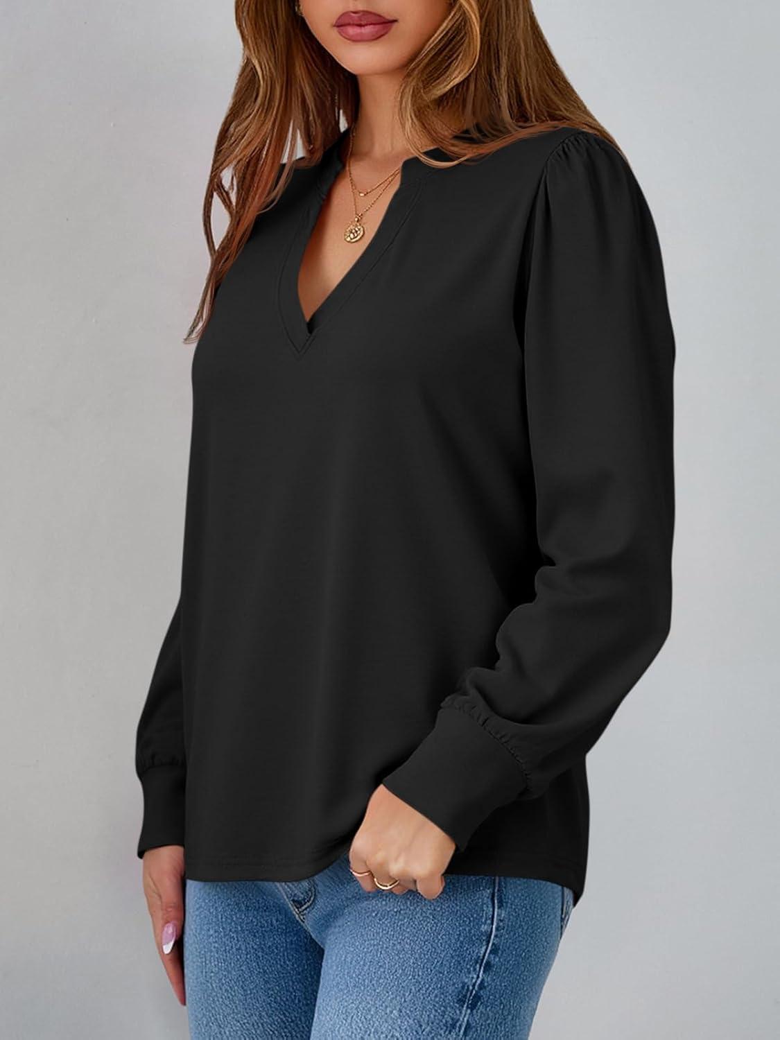 imageTankaneo Womens Puff Long Sleeve Tunic Tops Trendy Casual V Neck Fall Shirts Loose Fit Basic TeesBlack