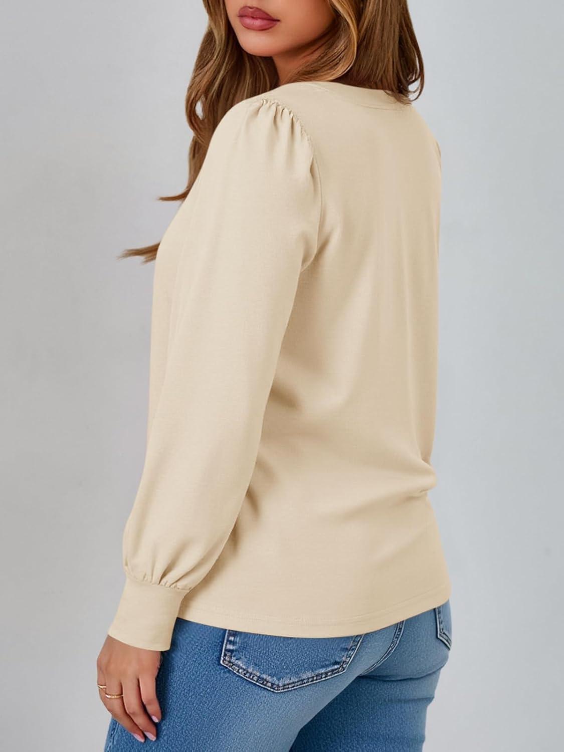 imageTankaneo Womens Puff Long Sleeve Tunic Tops Trendy Casual V Neck Fall Shirts Loose Fit Basic TeesLight Khaki