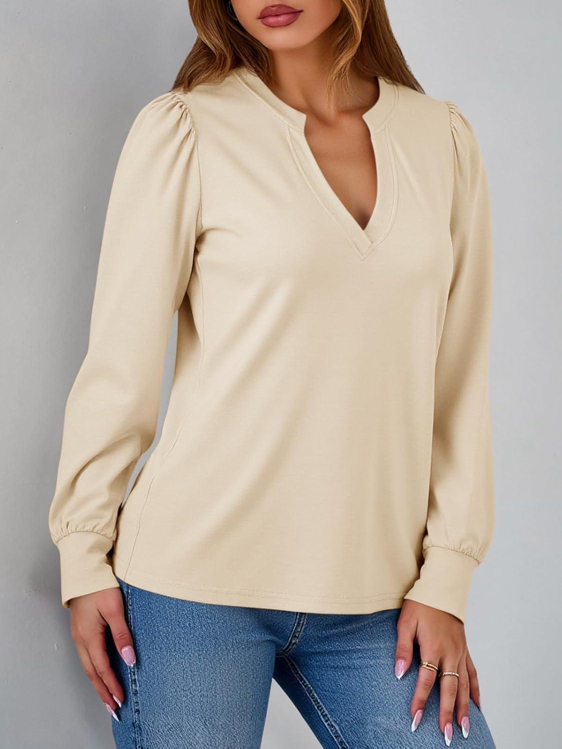 imageTankaneo Womens Puff Long Sleeve Tunic Tops Trendy Casual V Neck Fall Shirts Loose Fit Basic TeesLight Khaki