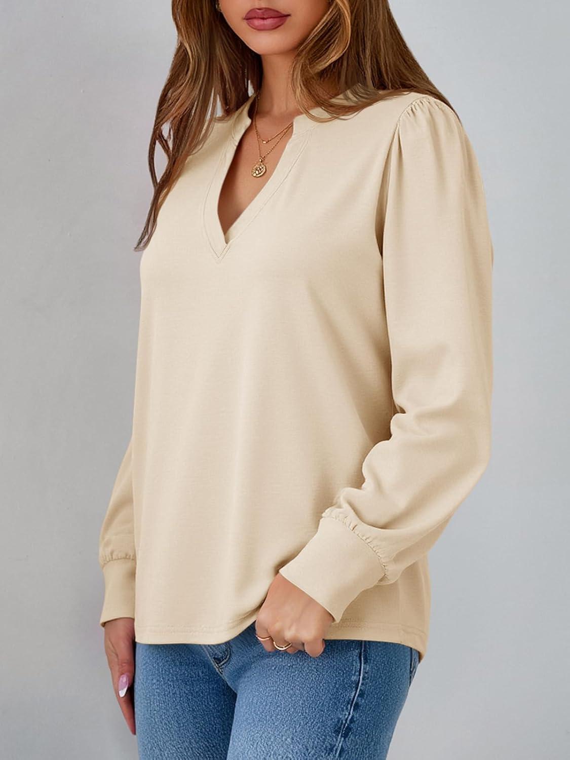 imageTankaneo Womens Puff Long Sleeve Tunic Tops Trendy Casual V Neck Fall Shirts Loose Fit Basic TeesLight Khaki