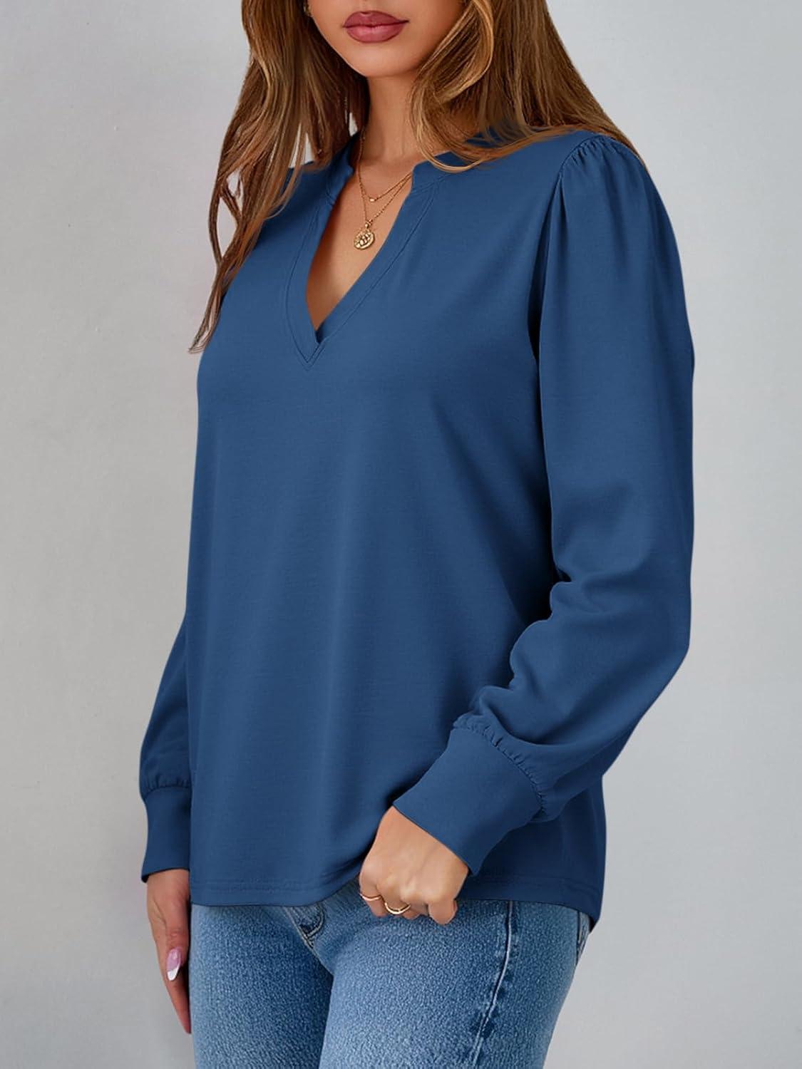 imageTankaneo Womens Puff Long Sleeve Tunic Tops Trendy Casual V Neck Fall Shirts Loose Fit Basic TeesNavy