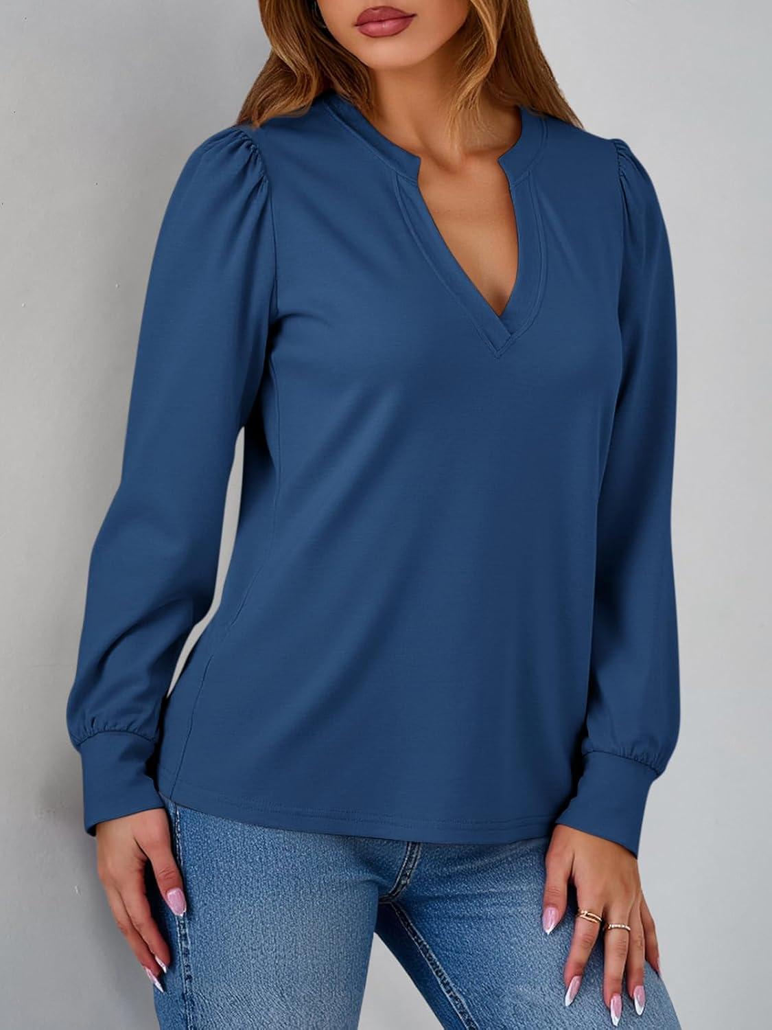 imageTankaneo Womens Puff Long Sleeve Tunic Tops Trendy Casual V Neck Fall Shirts Loose Fit Basic TeesNavy