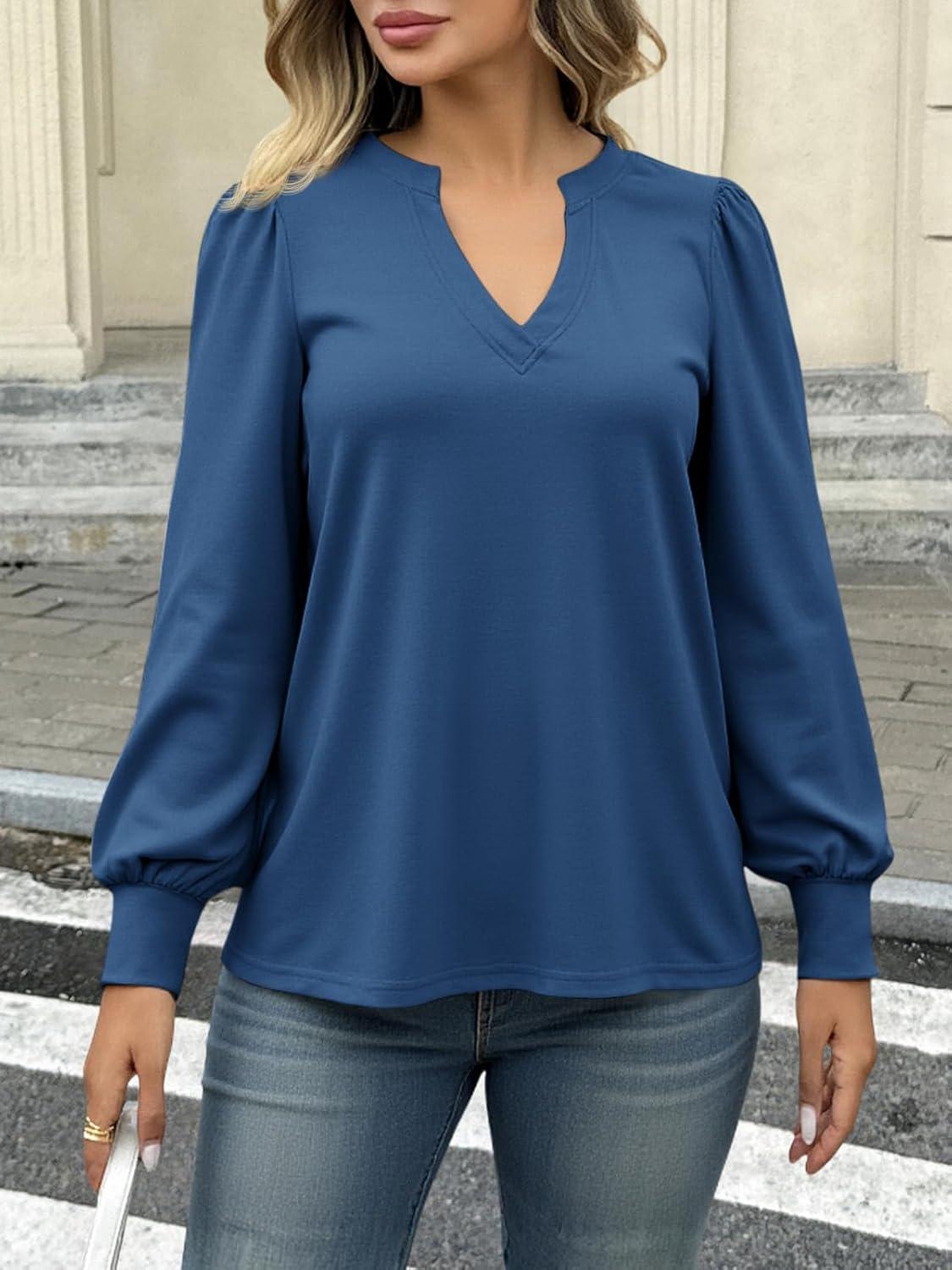 imageTankaneo Womens Puff Long Sleeve Tunic Tops Trendy Casual V Neck Fall Shirts Loose Fit Basic TeesNavy