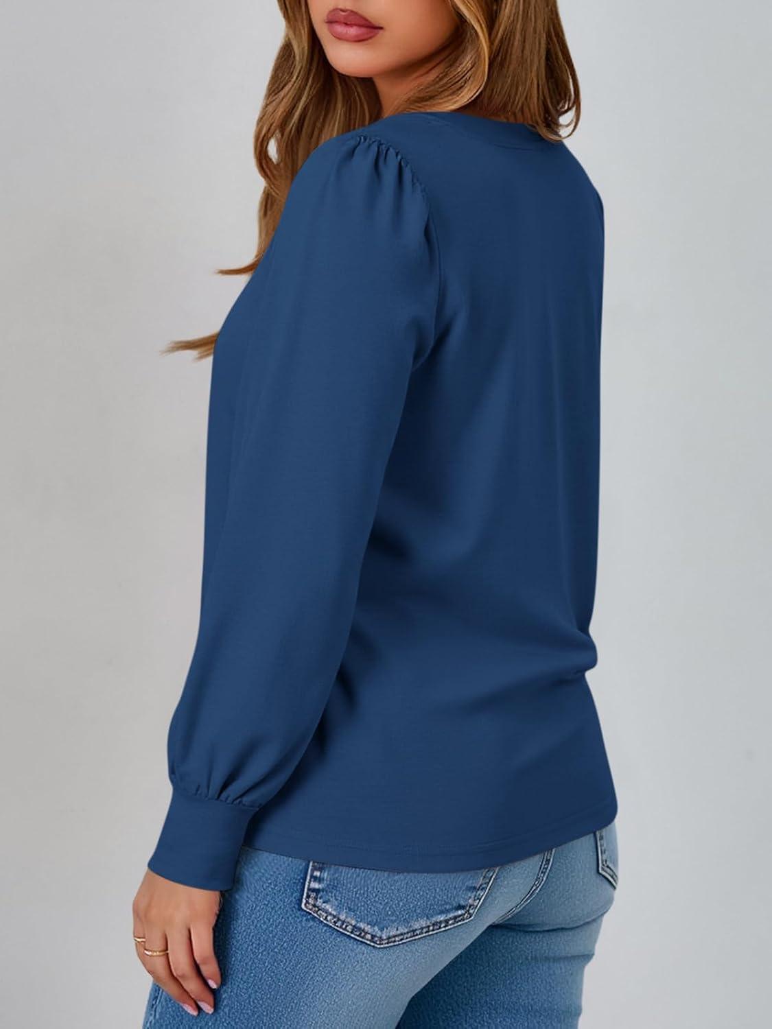 imageTankaneo Womens Puff Long Sleeve Tunic Tops Trendy Casual V Neck Fall Shirts Loose Fit Basic TeesNavy