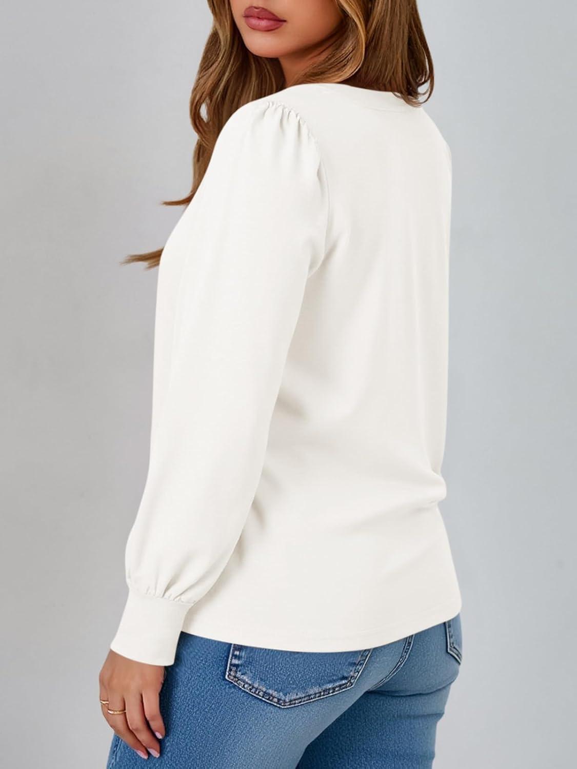 imageTankaneo Womens Puff Long Sleeve Tunic Tops Trendy Casual V Neck Fall Shirts Loose Fit Basic TeesWhite