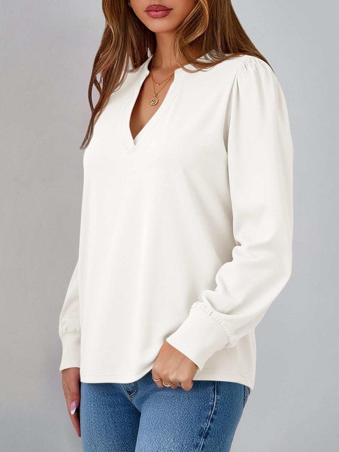 imageTankaneo Womens Puff Long Sleeve Tunic Tops Trendy Casual V Neck Fall Shirts Loose Fit Basic TeesWhite