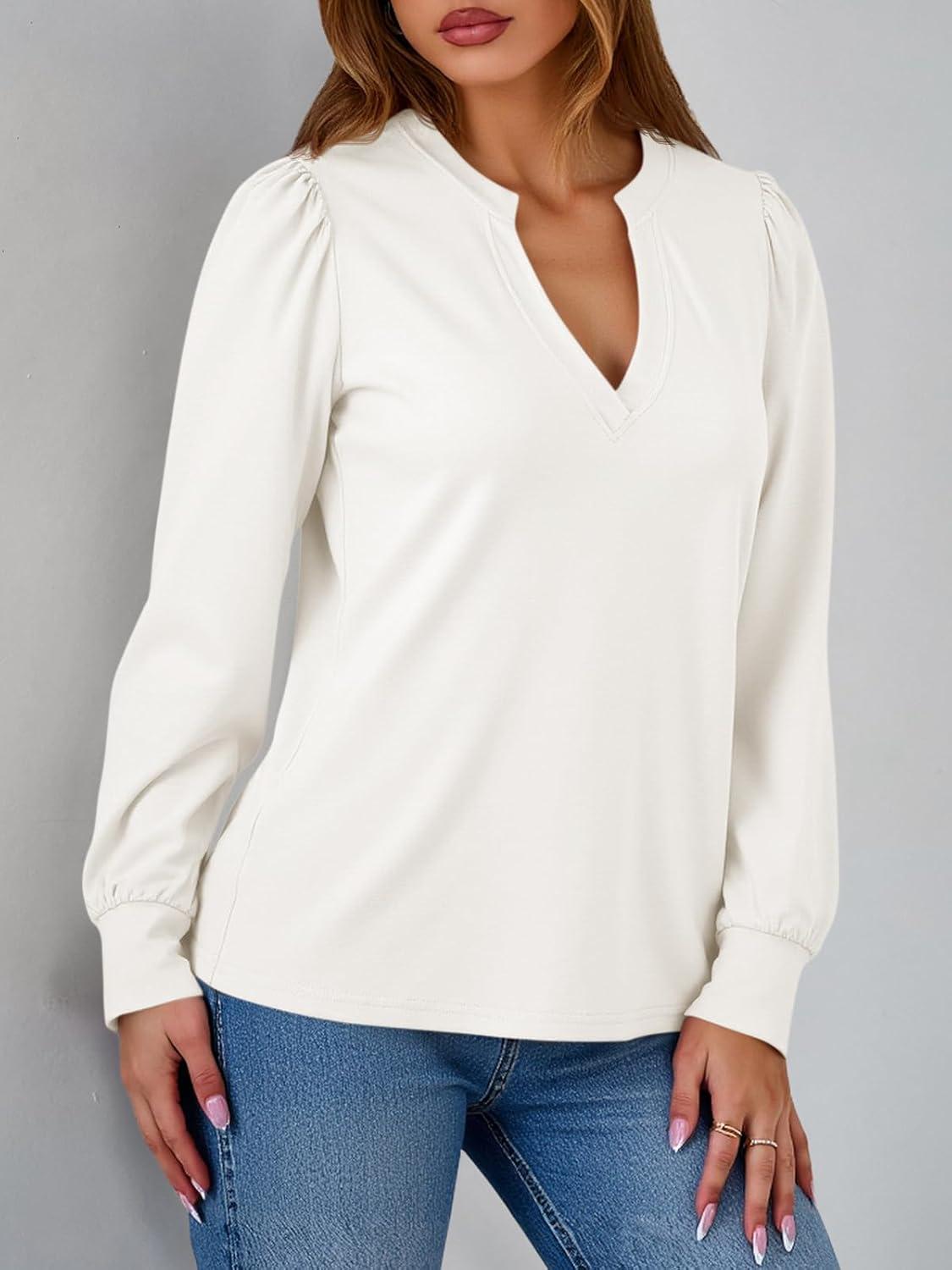 imageTankaneo Womens Puff Long Sleeve Tunic Tops Trendy Casual V Neck Fall Shirts Loose Fit Basic TeesWhite