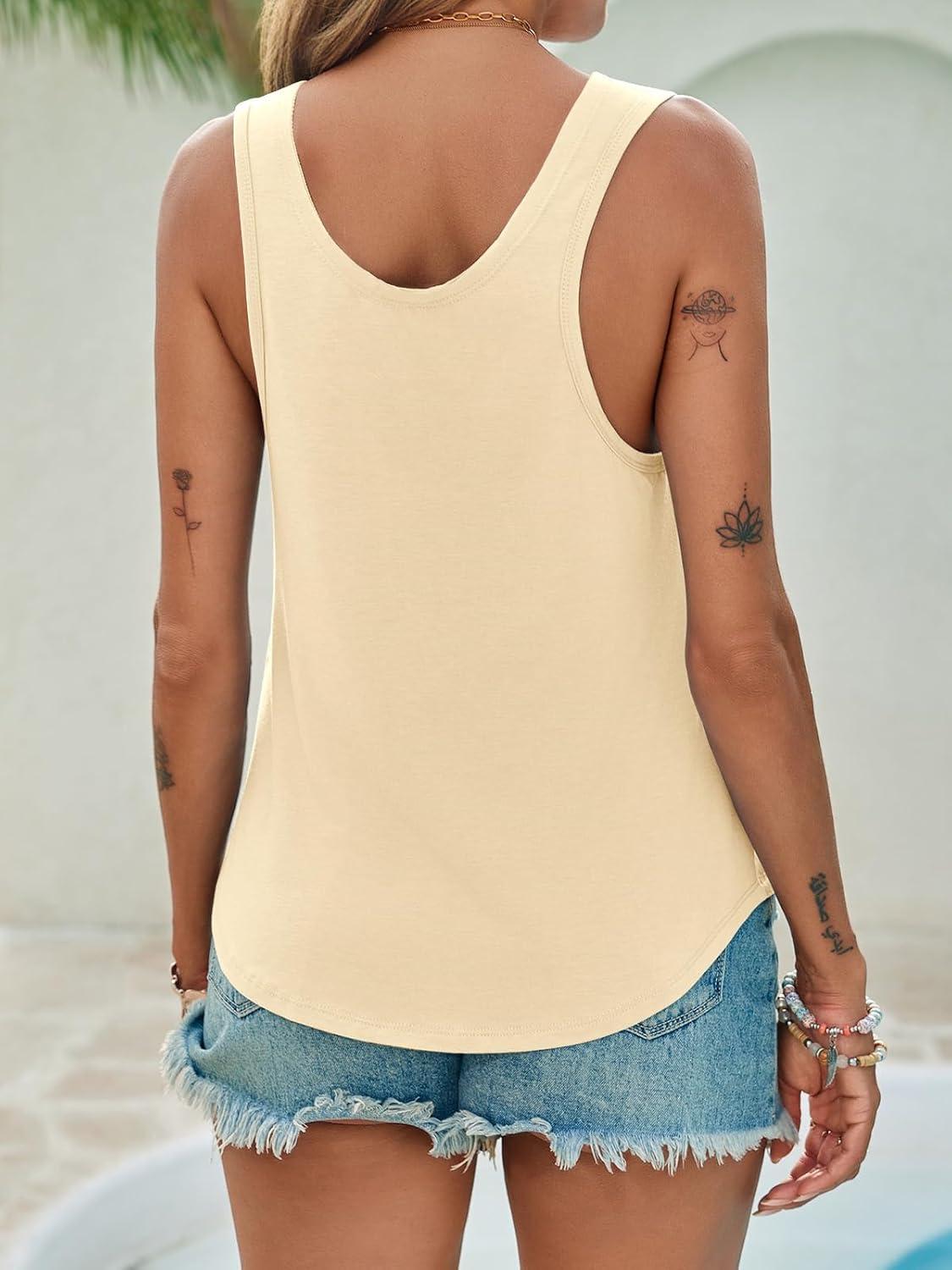 imageTankaneo Womens Scoop Neck Tank Tops Summer Casual Sleeveless Loose Fit T Shirts Beach Vacation Workout Basic TeesBeige