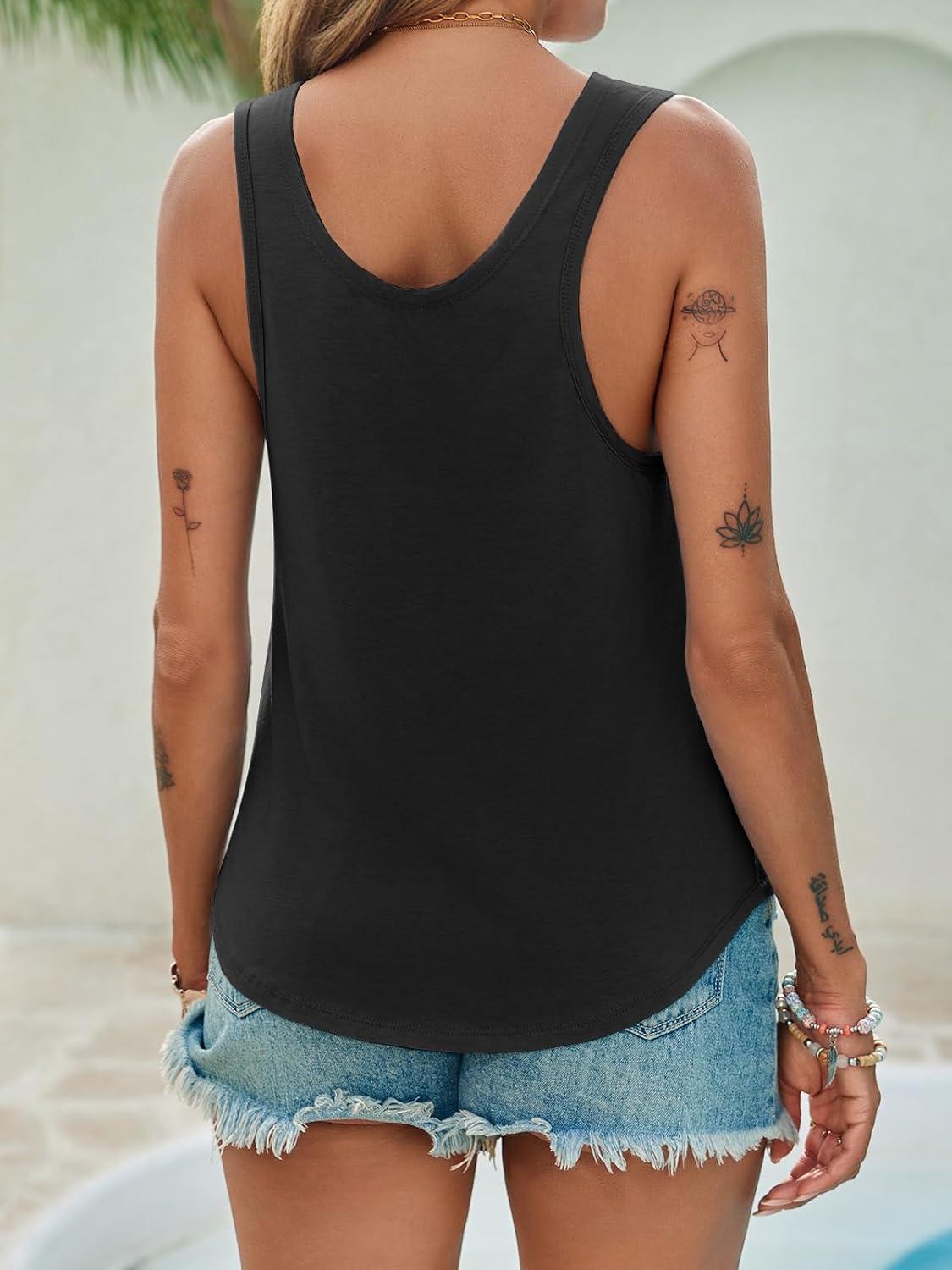 imageTankaneo Womens Scoop Neck Tank Tops Summer Casual Sleeveless Loose Fit T Shirts Beach Vacation Workout Basic TeesBlack