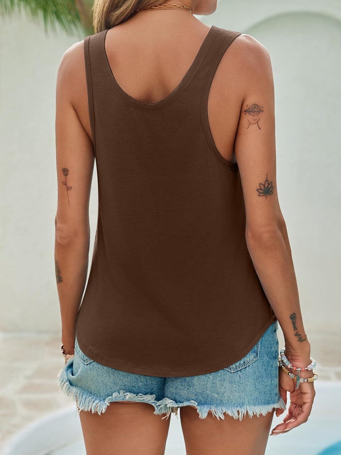 imageTankaneo Womens Scoop Neck Tank Tops Summer Casual Sleeveless Loose Fit T Shirts Beach Vacation Workout Basic TeesCoffee