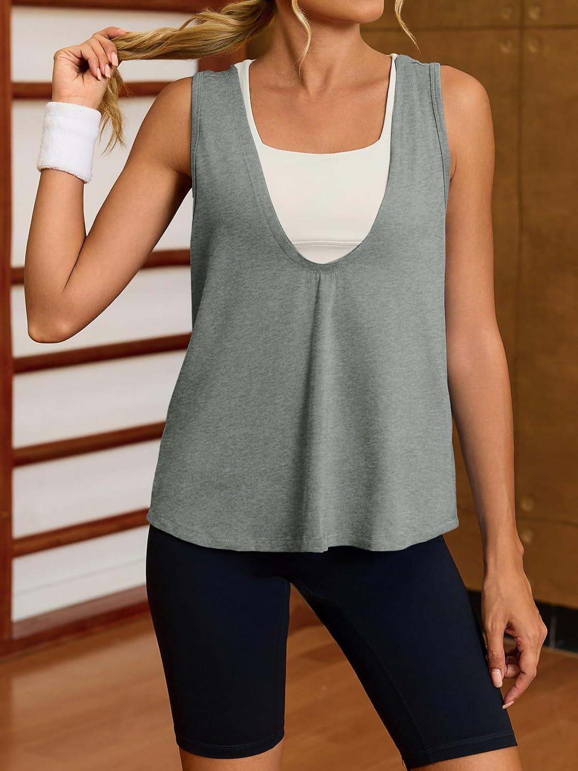 imageTankaneo Womens Scoop Neck Tank Tops Summer Casual Sleeveless Loose Fit T Shirts Beach Vacation Workout Basic TeesGrey