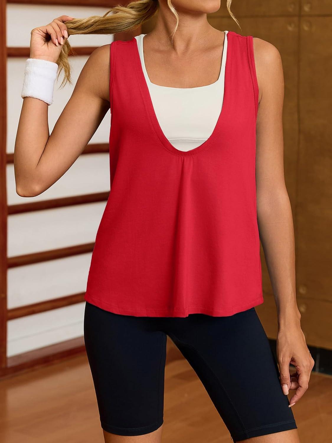 imageTankaneo Womens Scoop Neck Tank Tops Summer Casual Sleeveless Loose Fit T Shirts Beach Vacation Workout Basic TeesRed