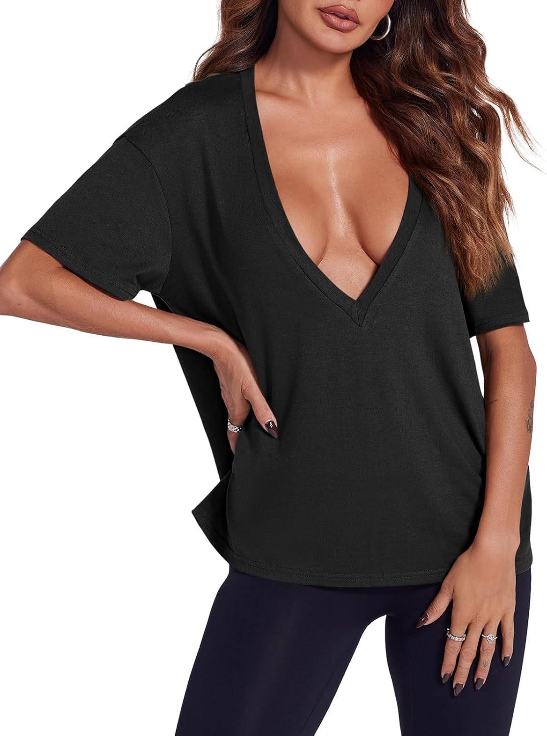 imageTankaneo Womens Sexy Deep V Neck TShirts Summer Short Sleeve Tops Casual Loose Fit Basic TeesBlack