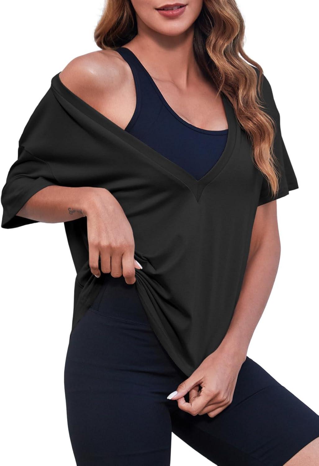 imageTankaneo Womens Sexy Deep V Neck TShirts Summer Short Sleeve Tops Casual Loose Fit Basic TeesBlack