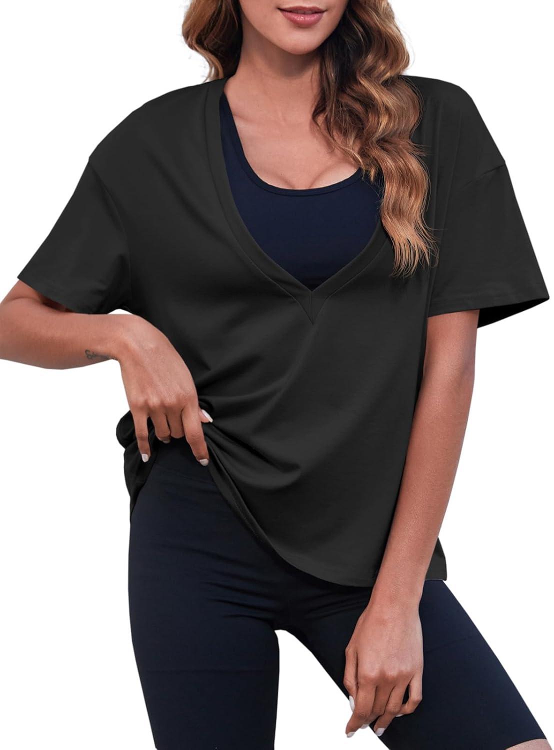 imageTankaneo Womens Sexy Deep V Neck TShirts Summer Short Sleeve Tops Casual Loose Fit Basic TeesBlack