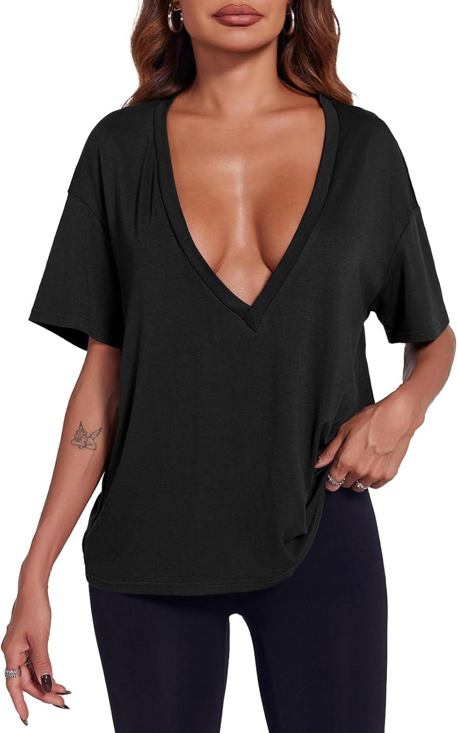 imageTankaneo Womens Sexy Deep V Neck TShirts Summer Short Sleeve Tops Casual Loose Fit Basic TeesBlack