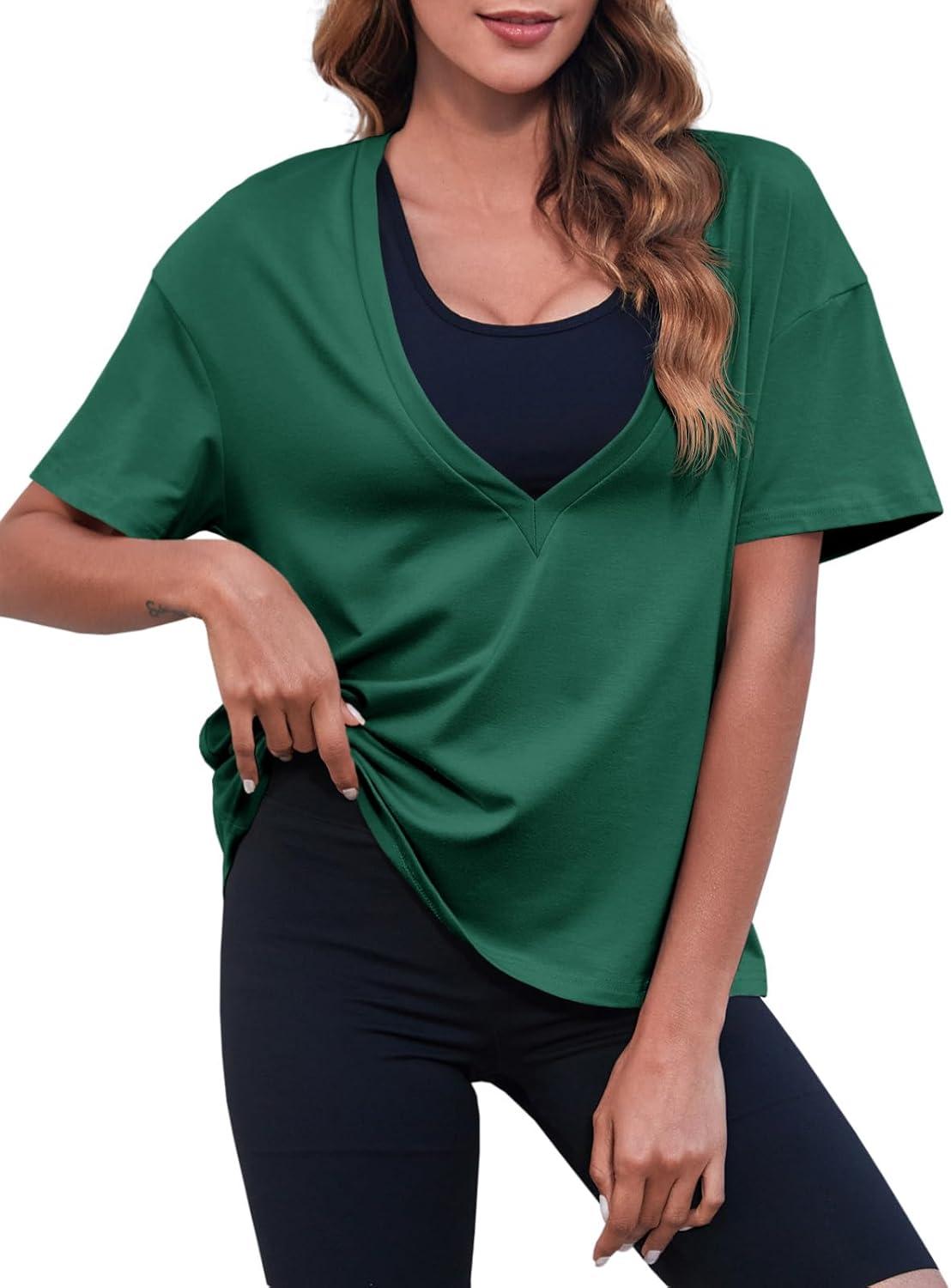 imageTankaneo Womens Sexy Deep V Neck TShirts Summer Short Sleeve Tops Casual Loose Fit Basic TeesDark Green