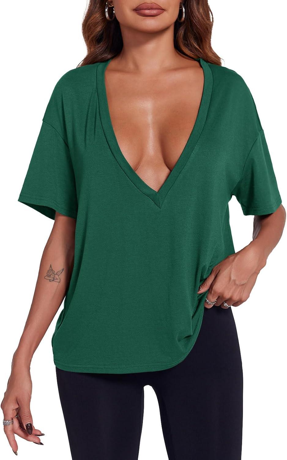 imageTankaneo Womens Sexy Deep V Neck TShirts Summer Short Sleeve Tops Casual Loose Fit Basic TeesDark Green
