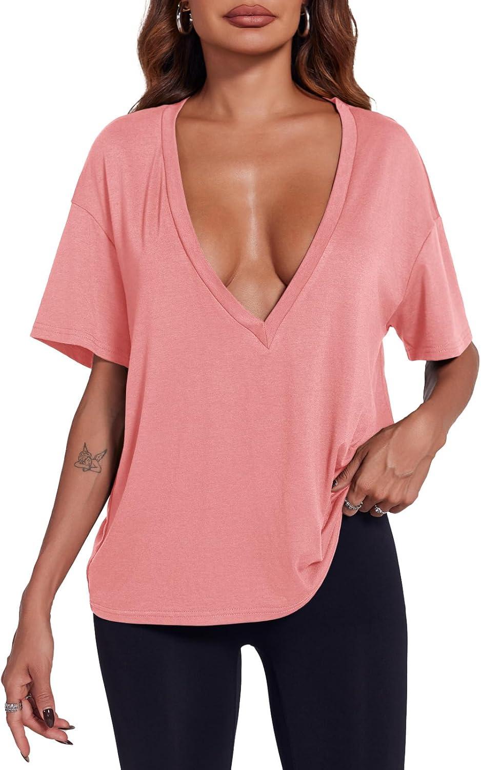 imageTankaneo Womens Sexy Deep V Neck TShirts Summer Short Sleeve Tops Casual Loose Fit Basic TeesDusty Pink