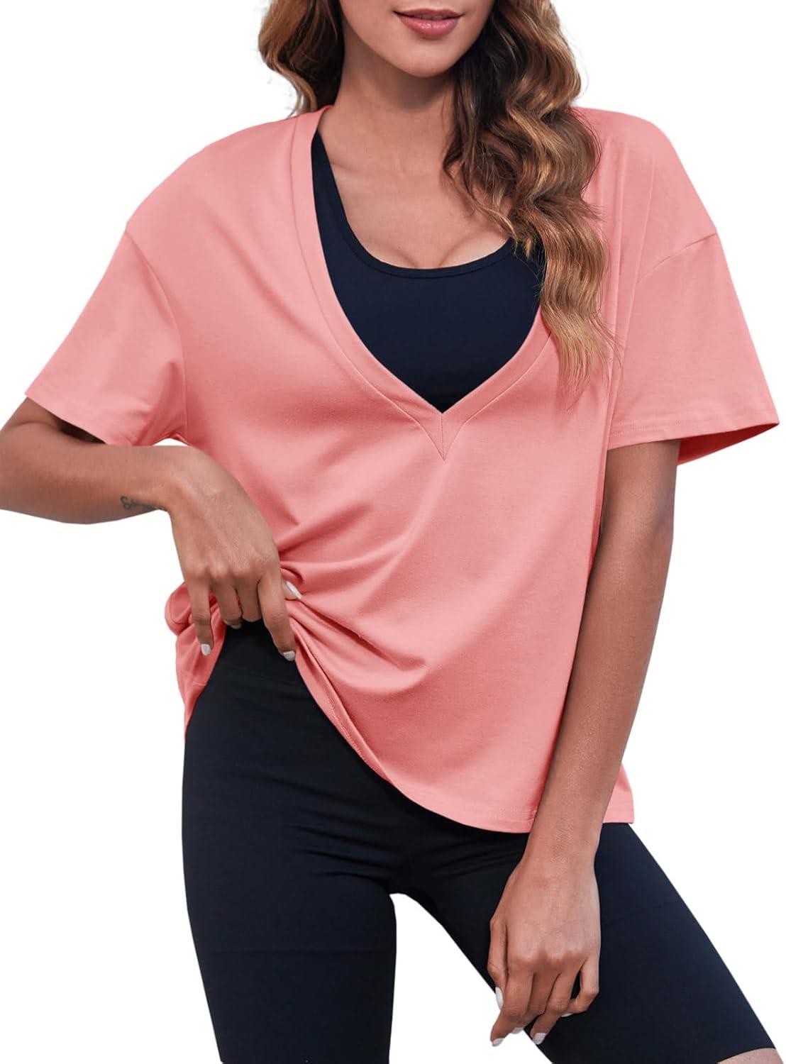 imageTankaneo Womens Sexy Deep V Neck TShirts Summer Short Sleeve Tops Casual Loose Fit Basic TeesDusty Pink