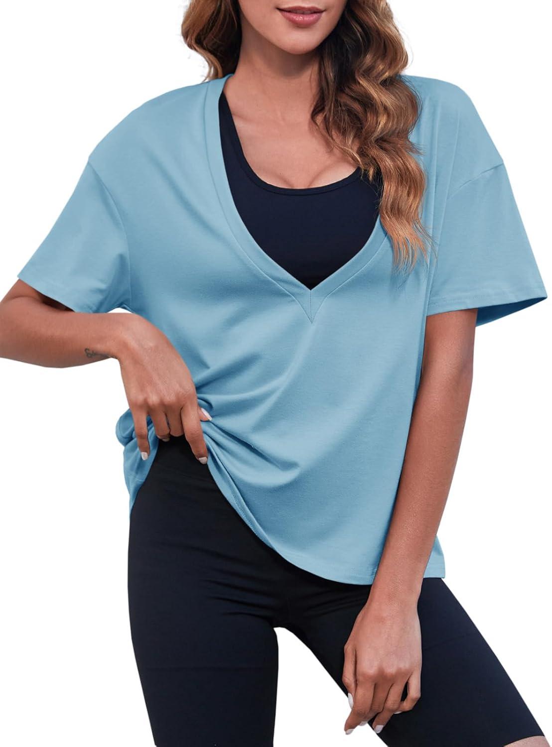 imageTankaneo Womens Sexy Deep V Neck TShirts Summer Short Sleeve Tops Casual Loose Fit Basic TeesIndigo Blue