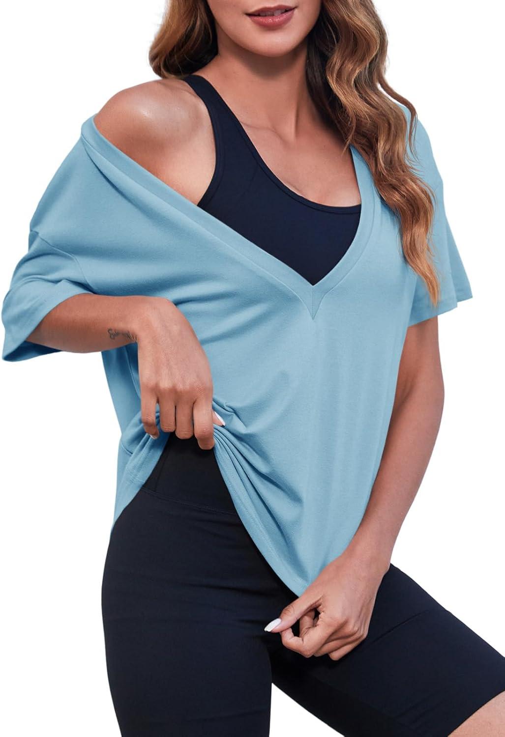 imageTankaneo Womens Sexy Deep V Neck TShirts Summer Short Sleeve Tops Casual Loose Fit Basic TeesIndigo Blue