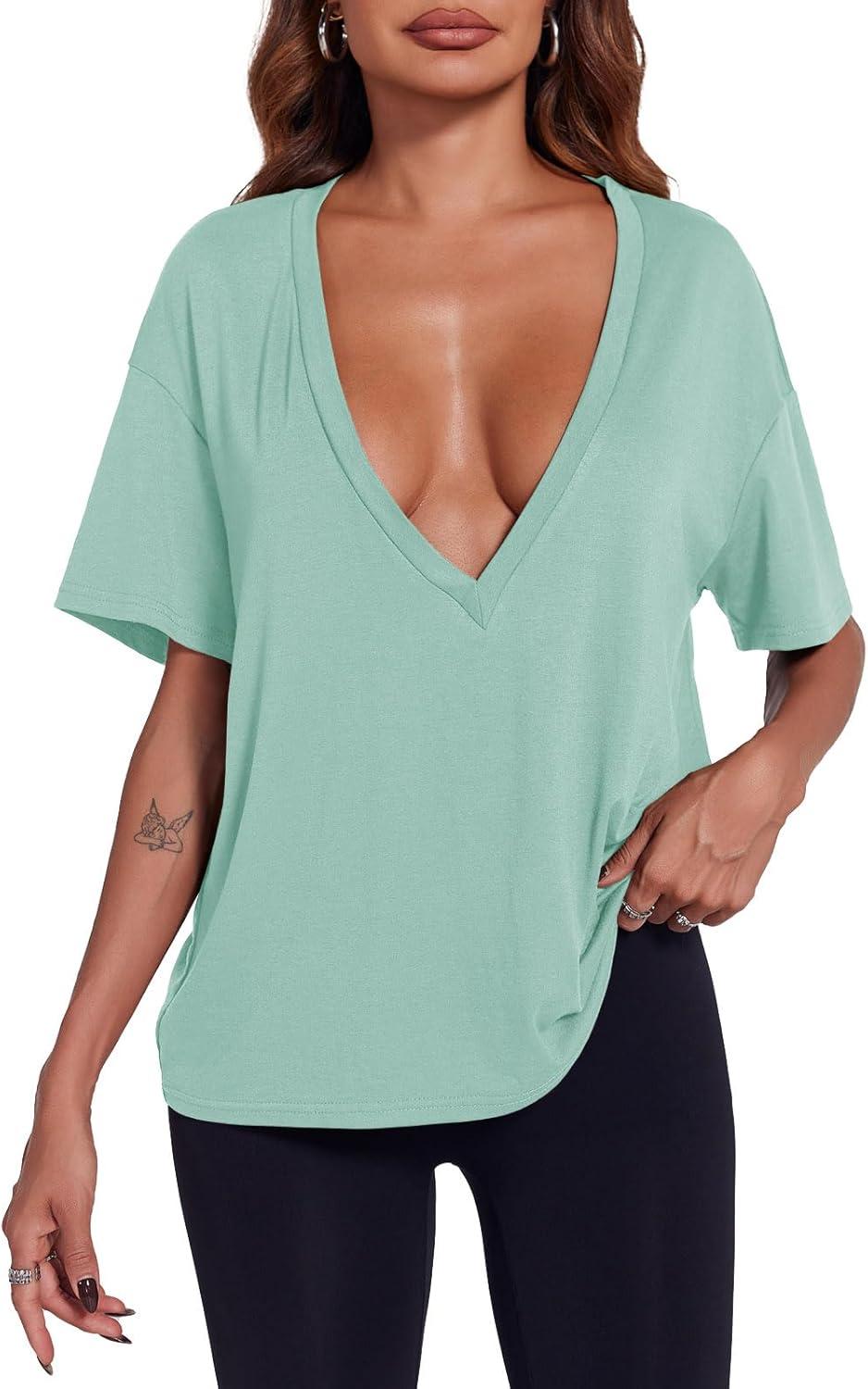 imageTankaneo Womens Sexy Deep V Neck TShirts Summer Short Sleeve Tops Casual Loose Fit Basic TeesMint Green