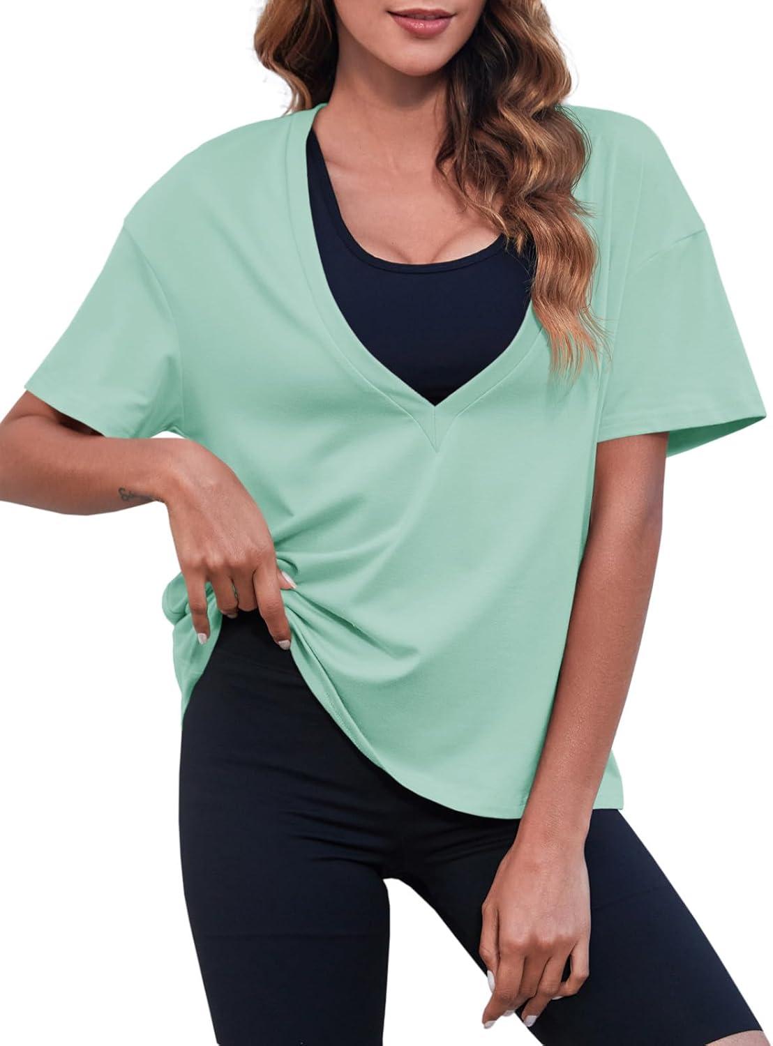 imageTankaneo Womens Sexy Deep V Neck TShirts Summer Short Sleeve Tops Casual Loose Fit Basic TeesMint Green