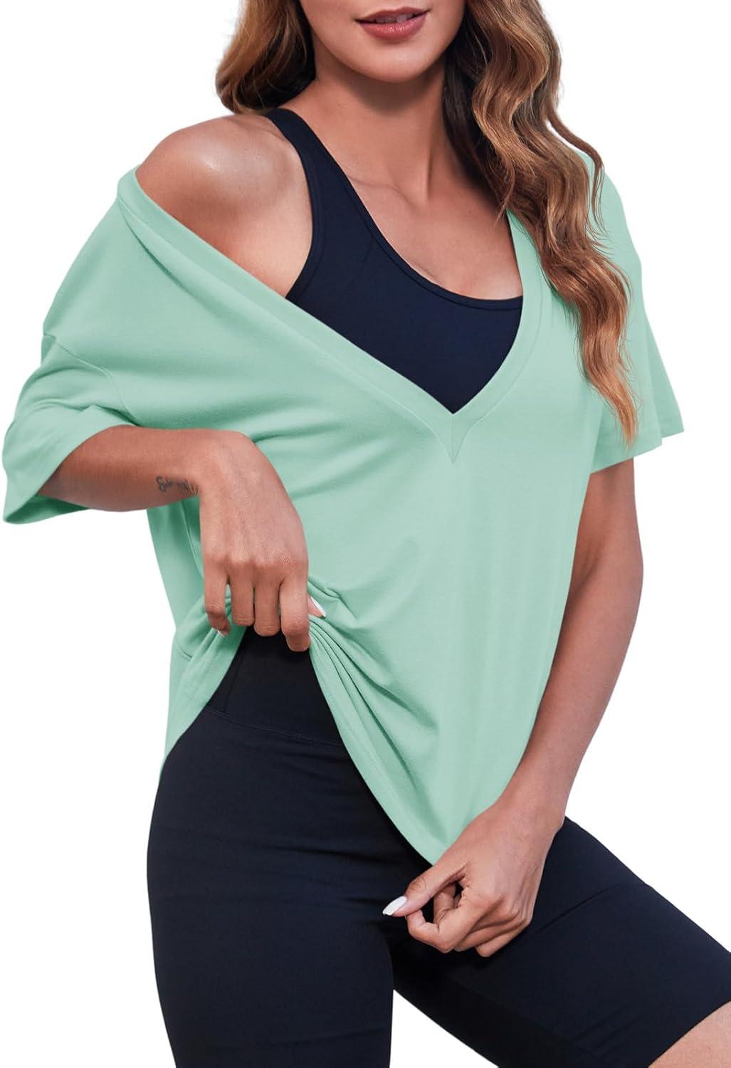 imageTankaneo Womens Sexy Deep V Neck TShirts Summer Short Sleeve Tops Casual Loose Fit Basic TeesMint Green