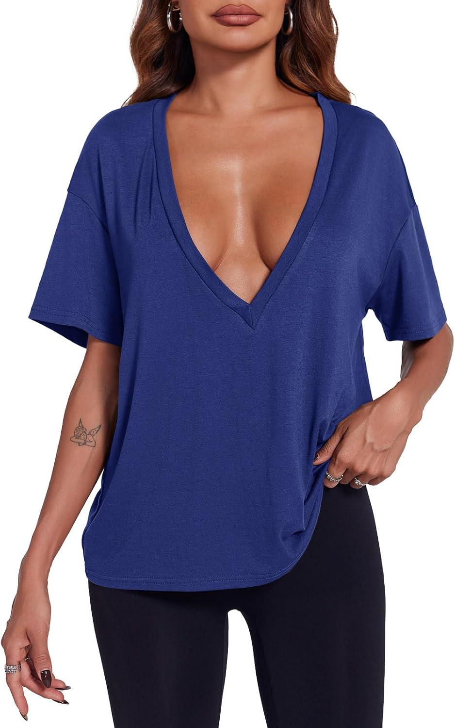 imageTankaneo Womens Sexy Deep V Neck TShirts Summer Short Sleeve Tops Casual Loose Fit Basic TeesNavy