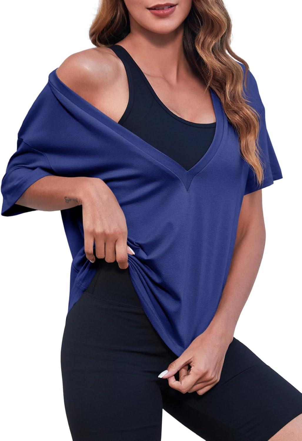 imageTankaneo Womens Sexy Deep V Neck TShirts Summer Short Sleeve Tops Casual Loose Fit Basic TeesNavy