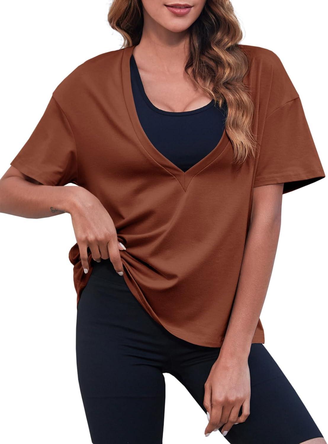 imageTankaneo Womens Sexy Deep V Neck TShirts Summer Short Sleeve Tops Casual Loose Fit Basic TeesRed Brown