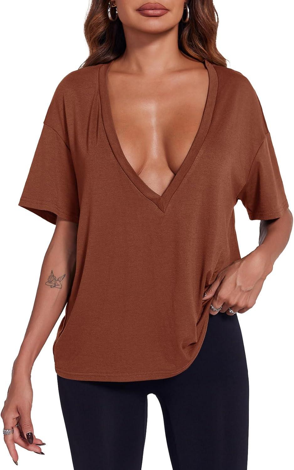 imageTankaneo Womens Sexy Deep V Neck TShirts Summer Short Sleeve Tops Casual Loose Fit Basic TeesRed Brown
