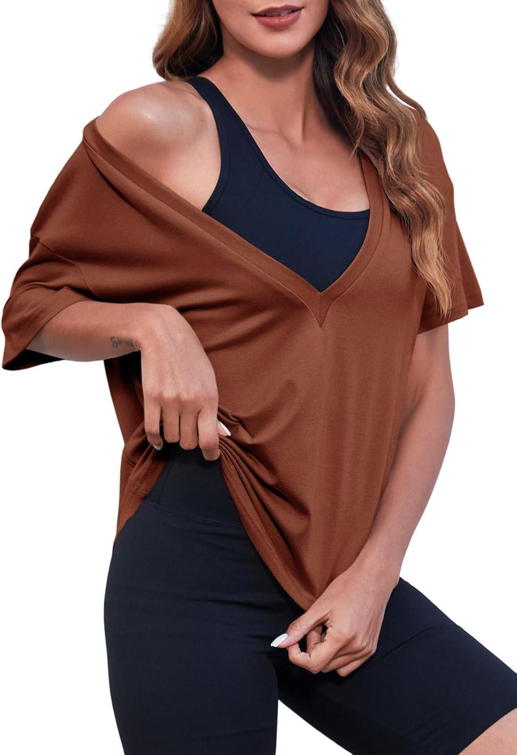 imageTankaneo Womens Sexy Deep V Neck TShirts Summer Short Sleeve Tops Casual Loose Fit Basic TeesRed Brown