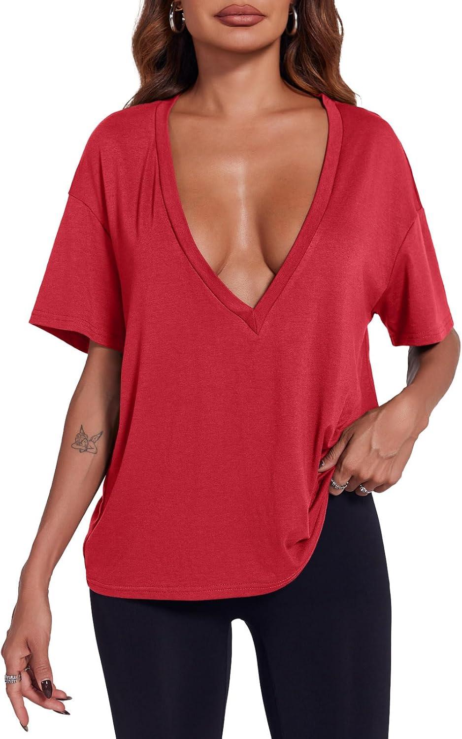 imageTankaneo Womens Sexy Deep V Neck TShirts Summer Short Sleeve Tops Casual Loose Fit Basic TeesRed