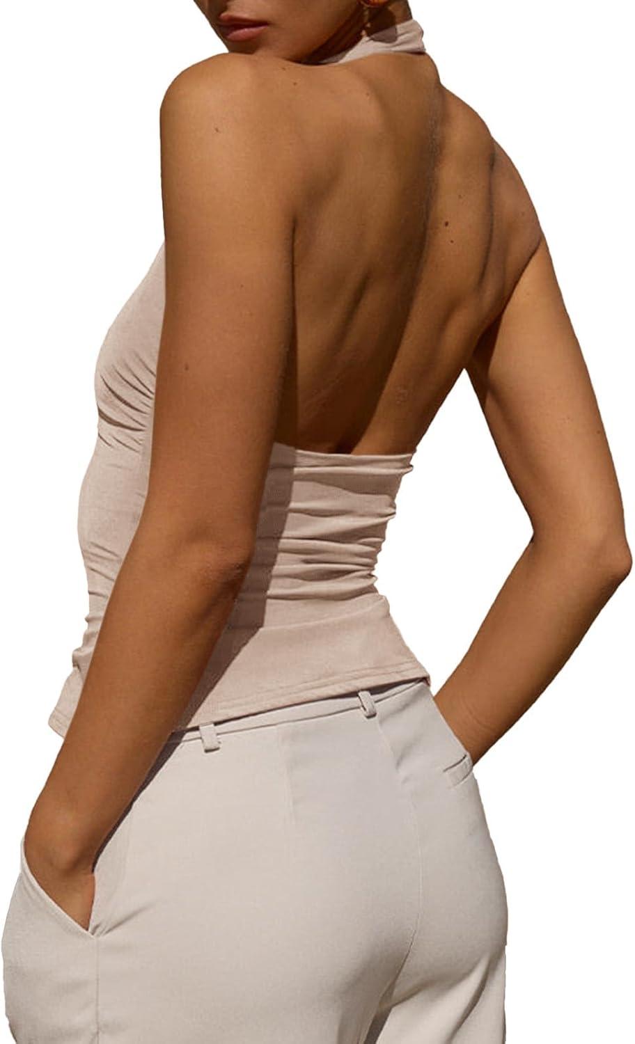 imageTankaneo Womens Sexy Scoop Neck Halter Tops Backless Ruched Knit Tank Tops Summer Sleeveless Fitted Going Out ShirtsApricot