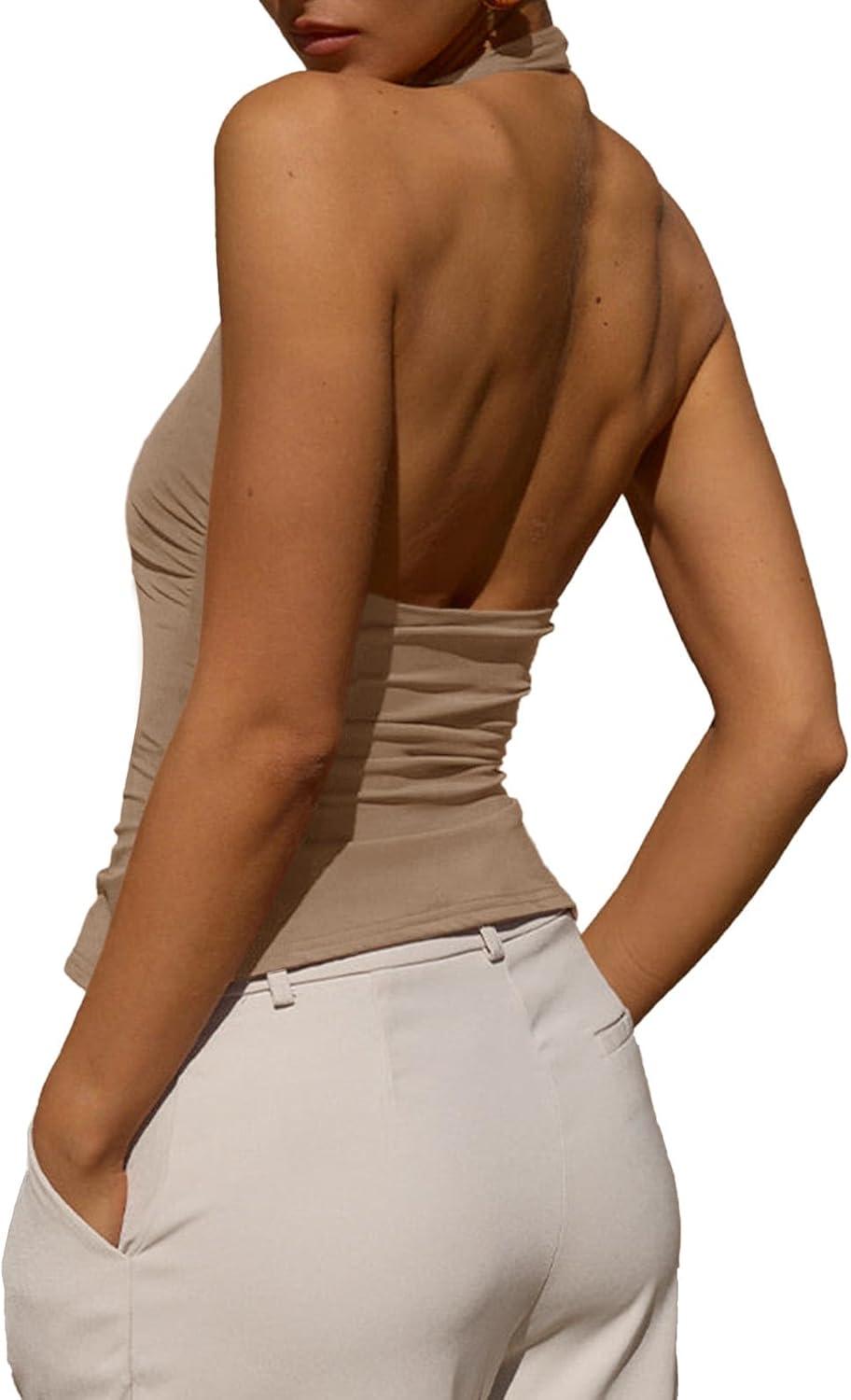 imageTankaneo Womens Sexy Scoop Neck Halter Tops Backless Ruched Knit Tank Tops Summer Sleeveless Fitted Going Out ShirtsKhaki