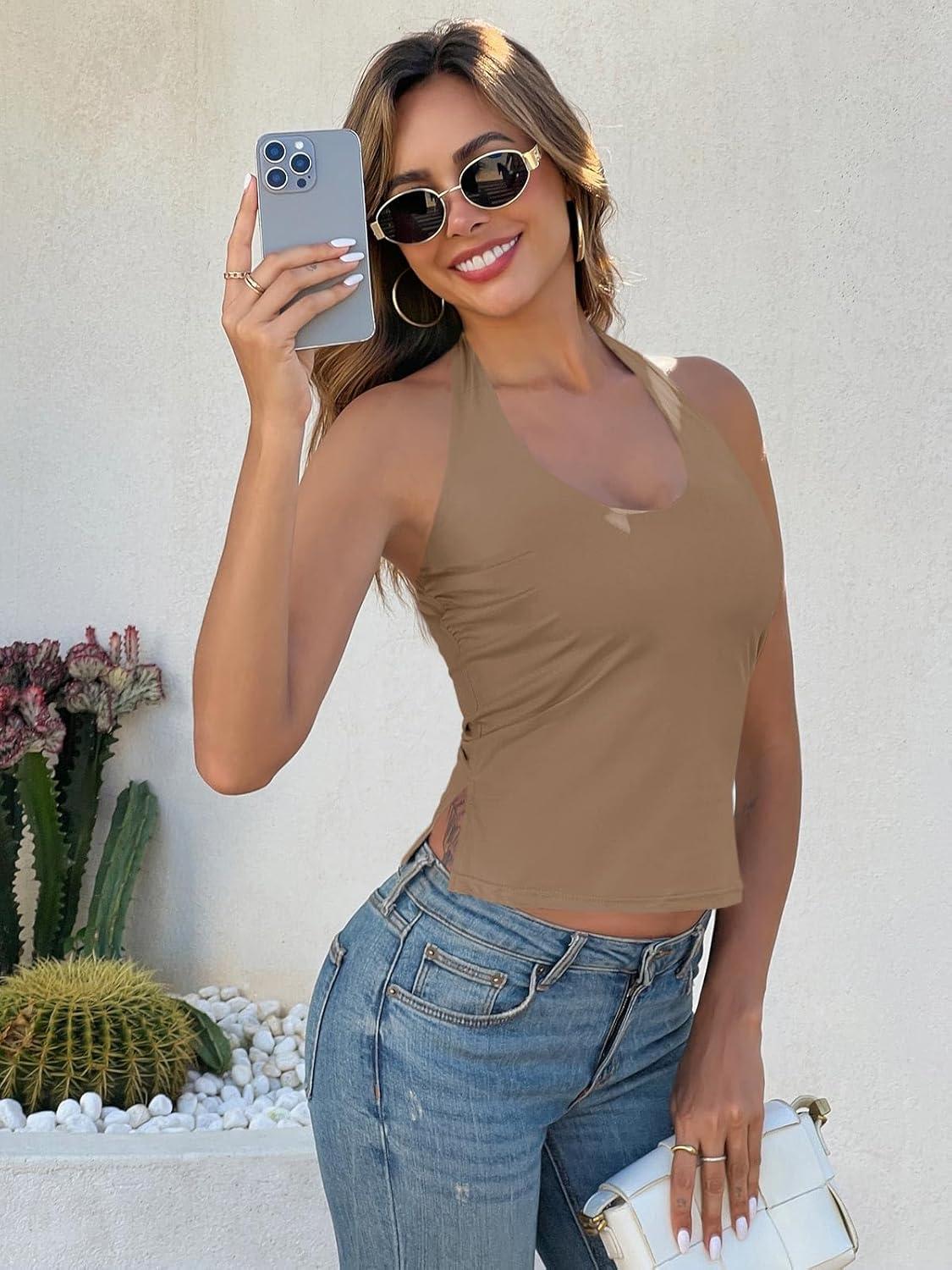 imageTankaneo Womens Sexy Scoop Neck Halter Tops Backless Ruched Knit Tank Tops Summer Sleeveless Fitted Going Out ShirtsKhaki