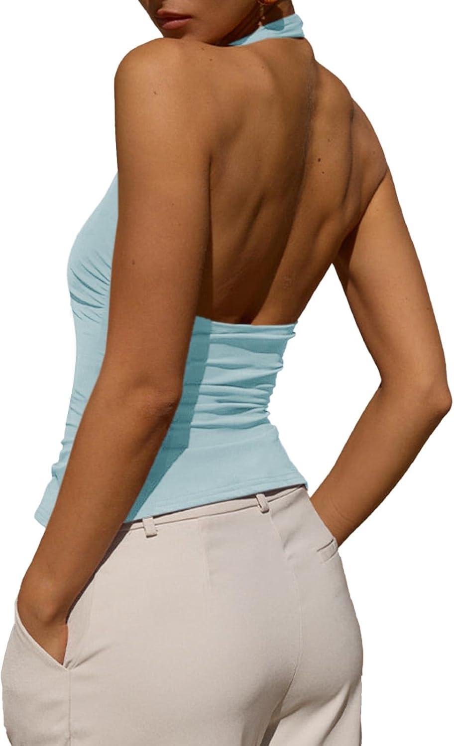 imageTankaneo Womens Sexy Scoop Neck Halter Tops Backless Ruched Knit Tank Tops Summer Sleeveless Fitted Going Out ShirtsLight Blue