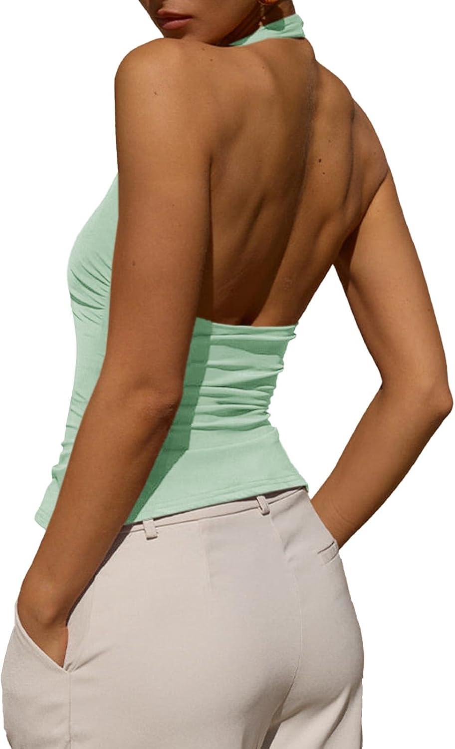 imageTankaneo Womens Sexy Scoop Neck Halter Tops Backless Ruched Knit Tank Tops Summer Sleeveless Fitted Going Out ShirtsMint
