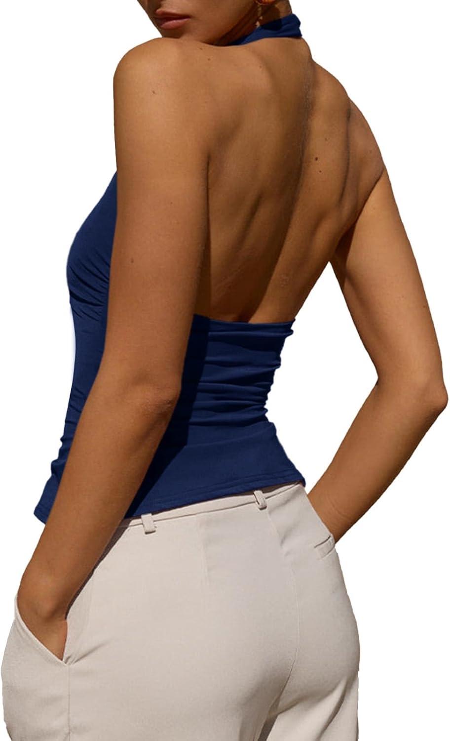 imageTankaneo Womens Sexy Scoop Neck Halter Tops Backless Ruched Knit Tank Tops Summer Sleeveless Fitted Going Out ShirtsNavy