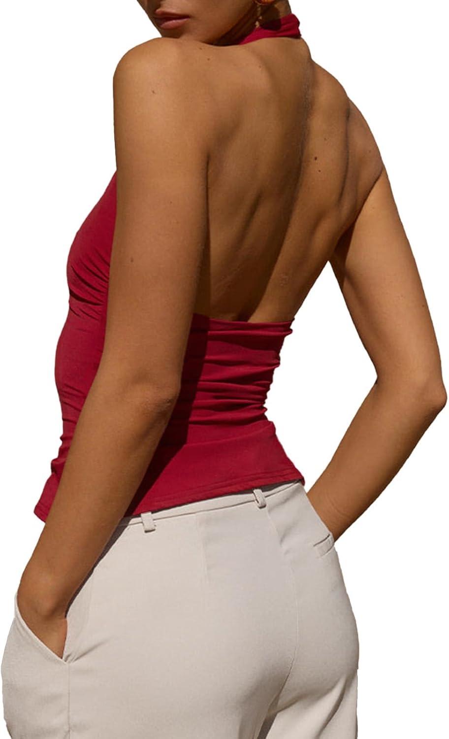 imageTankaneo Womens Sexy Scoop Neck Halter Tops Backless Ruched Knit Tank Tops Summer Sleeveless Fitted Going Out ShirtsRed