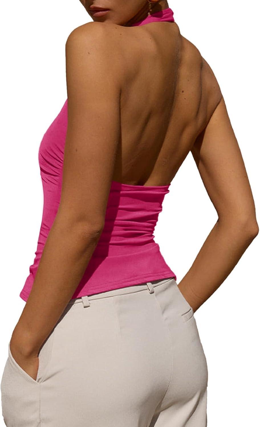 imageTankaneo Womens Sexy Scoop Neck Halter Tops Backless Ruched Knit Tank Tops Summer Sleeveless Fitted Going Out ShirtsRose Red