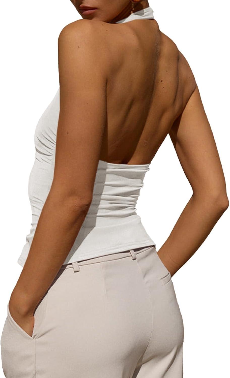 imageTankaneo Womens Sexy Scoop Neck Halter Tops Backless Ruched Knit Tank Tops Summer Sleeveless Fitted Going Out ShirtsWhite