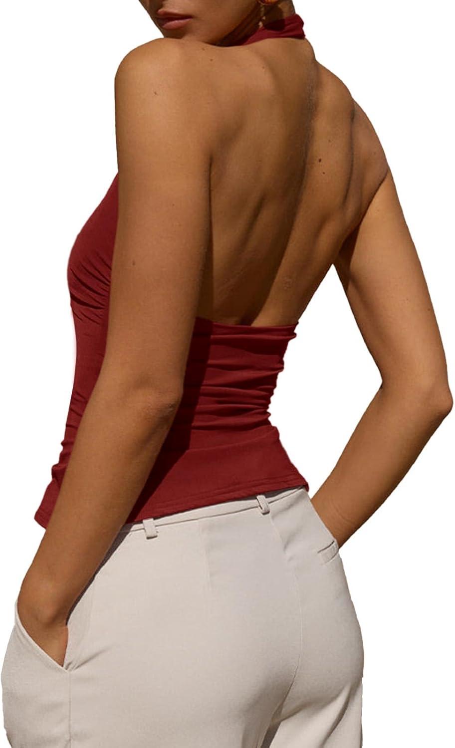 imageTankaneo Womens Sexy Scoop Neck Halter Tops Backless Ruched Knit Tank Tops Summer Sleeveless Fitted Going Out ShirtsWine Red