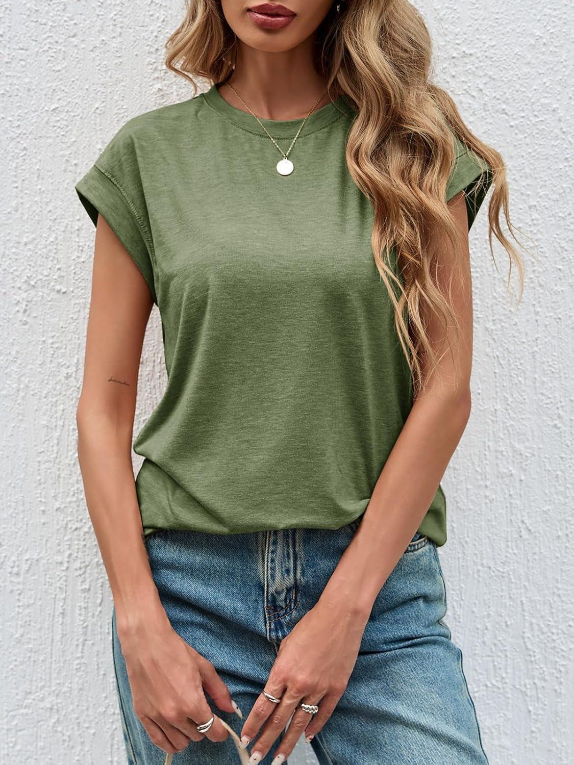 imageTankaneo Womens Short Cap Sleeve Tops Crew Neck Loose Fit T Shirt Basic Casual Sleeveless Tee ShirtsArmy Green
